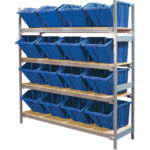 Wide Span Shelving with Jumbo Plastic Bins, Steel, Boltless, 800 lbs. Capacity, 66" W x 72" H x 18" D