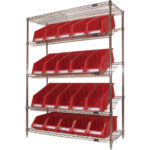 Slanted Wire Shelf with Bins, 5 Tiers, 48" W x 63" H x 18" D