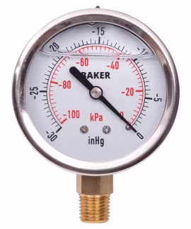Pressure Gauges, 2-1/2" , 30" Hg-0" Vac., Bottom Mount, Liquid Filled Analogue